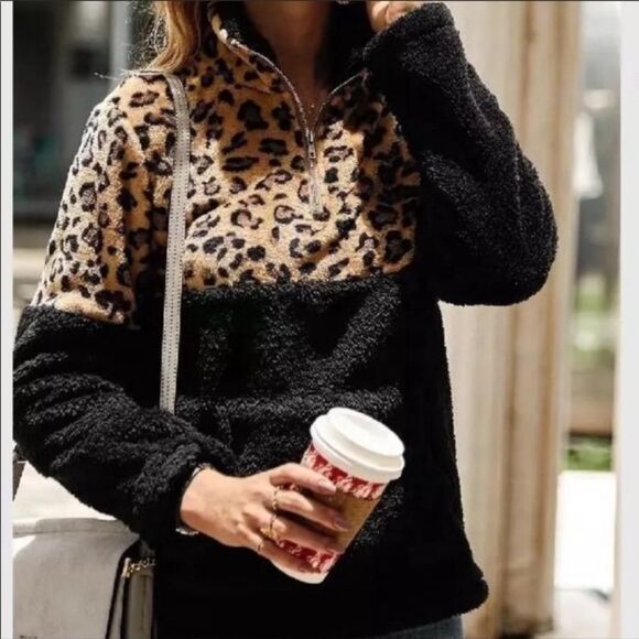 Leopard Print Half Zip Up Pullover Jacket Sz S L - Picture 2 of 3